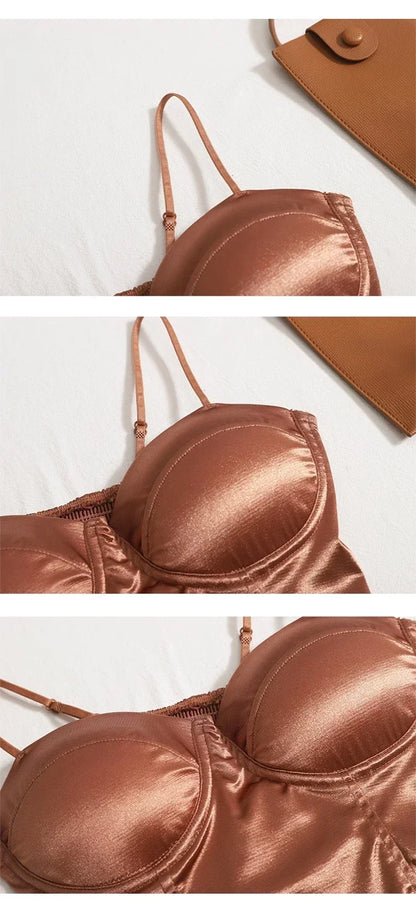 2024  Women Sexy Crop Top Solid Pleated Satin Tanks Top With Bra Pad Beach Camis Spaghetti Backless Casual Top Spring Summer