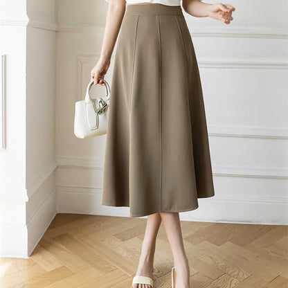 Women's Skirt 2025 Spring Women High Waist Solid Vintage Girl's Waist Down Skirt Knee-length A-line Fashion Thin Skirt for Women