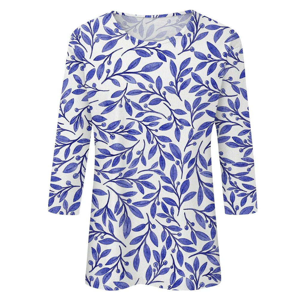 2024 Women Summer Tops Comfortable T Shirt Fashion Flower Print Round Neck 3/4 Sleeve Tops Soft Versatile Pullover Ropa De Mujer