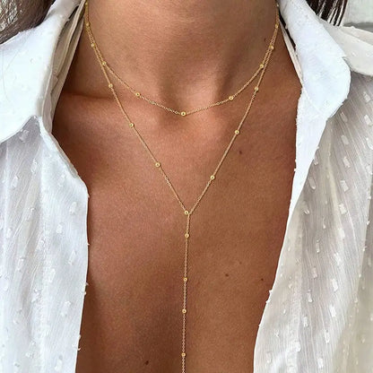 Layered Y-Shaped Necklace with Beaded Chain Detailing and Lariat Structure, Minimalist Two-Strand Design for Everyday Wear