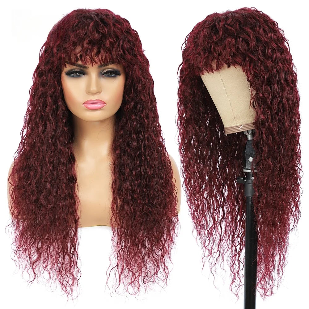 Curly Wig with Bangs Human Hair 99J Burgundy Water Wave Color Wigs Red wig with Bangs Colored 100% Brazilian Human Hair