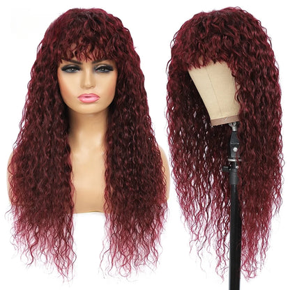 Curly Wig with Bangs Human Hair 99J Burgundy Water Wave Color Wigs Red wig with Bangs Colored 100% Brazilian Human Hair