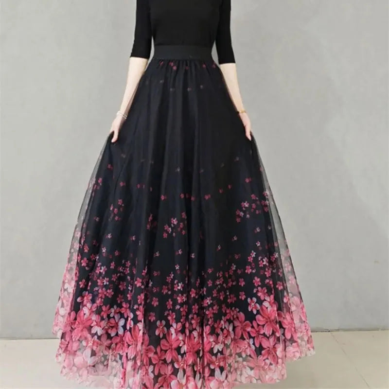 Skirt Women's Long Skirt 2024 New High Waist Slim A-line large Swing Skirt Female A-Line Skirts Summer Sakura Gradient Long Skir