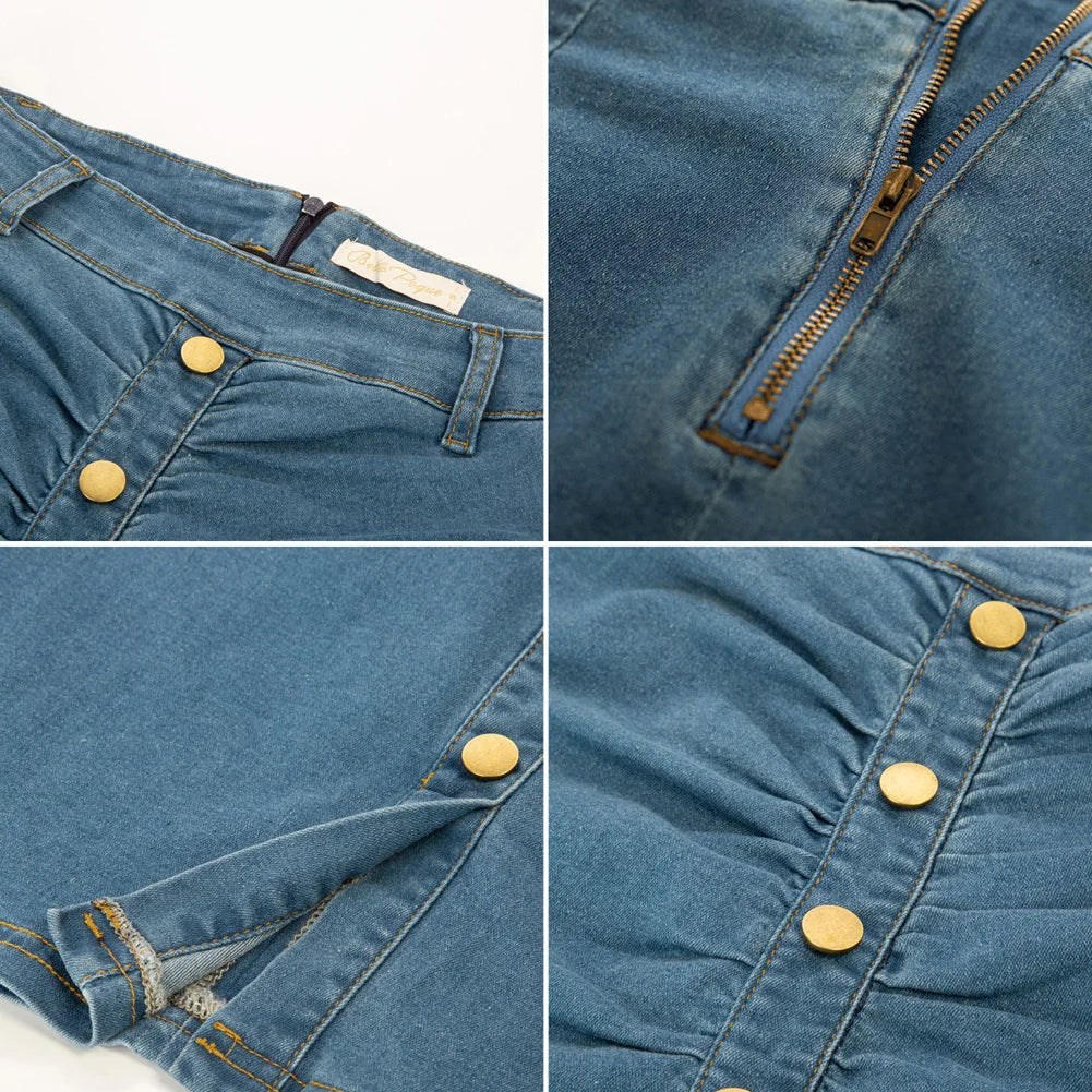 BP Women Vintage Jean Skirt With Belt High Waist Ruched Front Bodycon Skirt