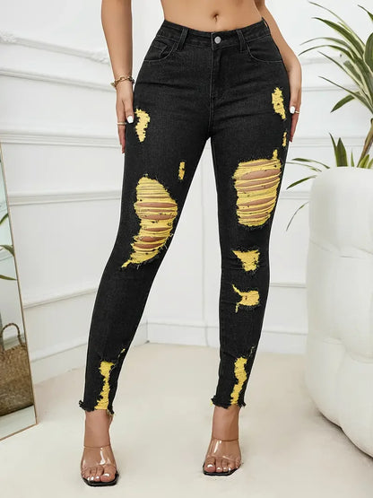 2024 Summer New Women's Ripped Jeans Fashionable High Stretch Skinny Denim Pencil Pants Slim Comfortable Knit Jeans S-2XL