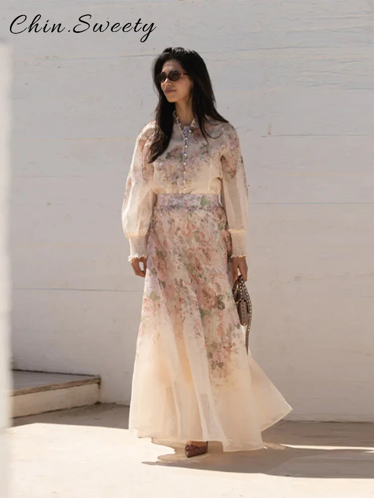 Elegant Floral Printed Long Skirts Set Women Loose Full Sleeve Single Breasted Shirts Pleated Skirt 2025 Summer Lady New Suits