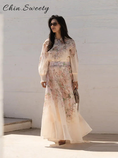 Elegant Floral Printed Long Skirts Set Women Loose Full Sleeve Single Breasted Shirts Pleated Skirt 2025 Summer Lady New Suits