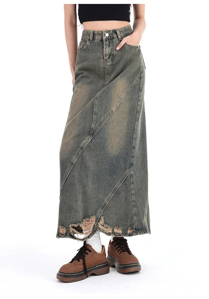 Women Denim Skirt Y2k Emo 2000s Clothes Long Skirt Harajuku Korean 90s Fashion Vintage Gradient A-line Jean Skirt Grunge Clothes