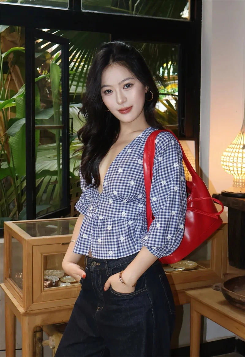 Women's Tops New Summer 2025 Small Check Tops Embroidered Trims Sexy Deep V-Neck Casual Fashion Versatile Personality