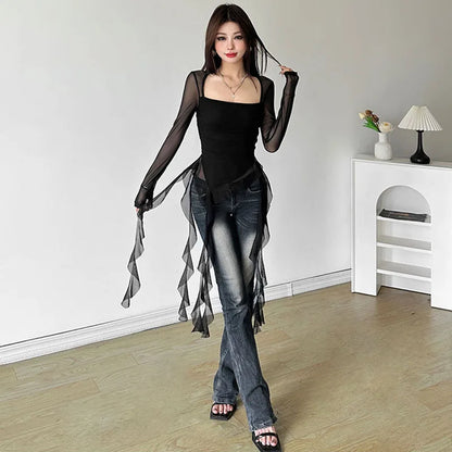 Sexy Women's Tops Fashion White Black Irregular Ribbon T-shirts for Women Long Sleeve Ruffles Slim Punk Tops Female Clothing Y2k