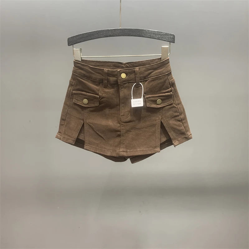 Women Khaki Denim Skirt Y2k Elegant A-Line Skirt Harajuku Korean Vintage Fashion 90s High Waist Jean Shorts Skirts 2000s Clothes