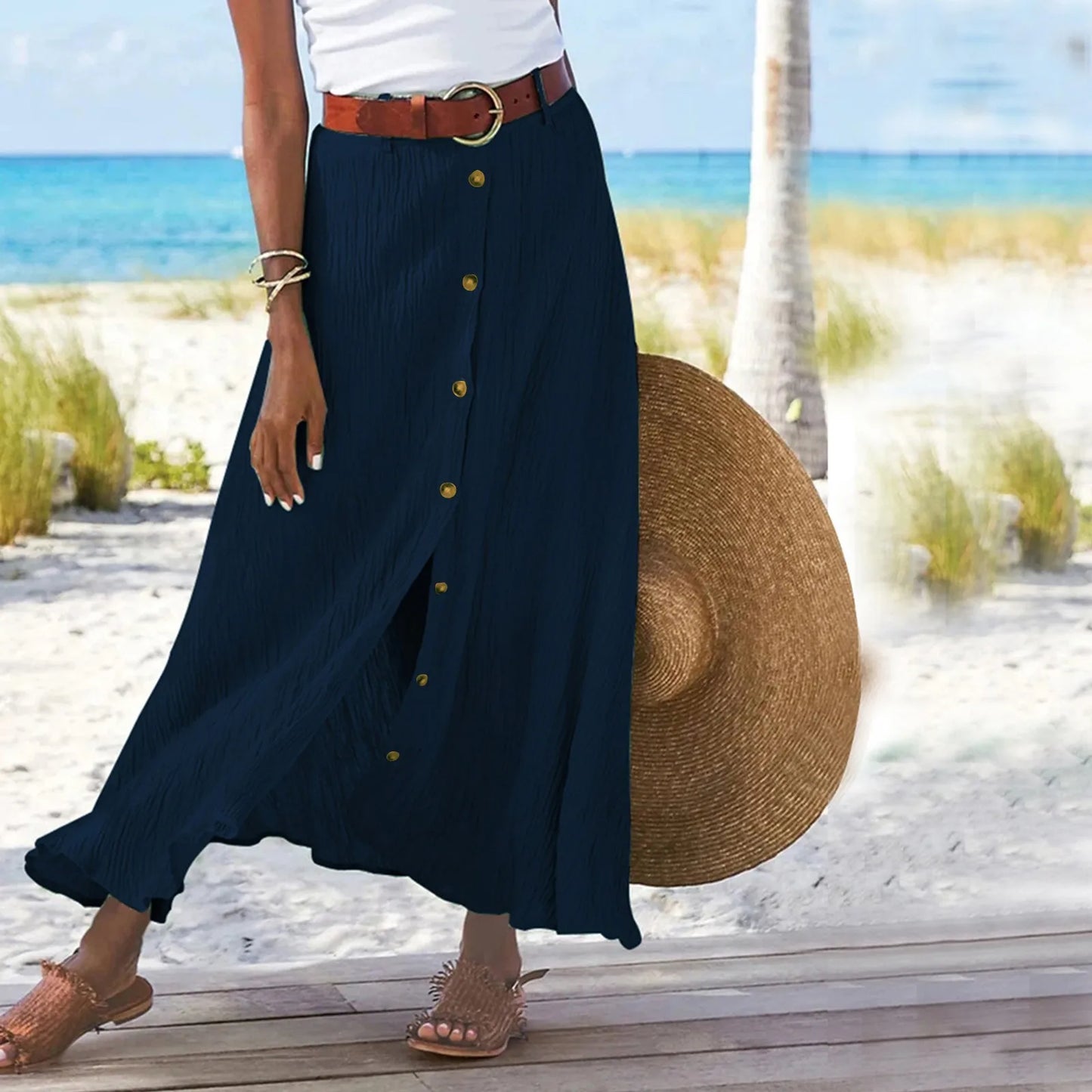 Midi Skirts For Women Bohemian Style Daily And Versatile Half Skirt Fashion Plain Color Basics High Waist Beach Button Dress