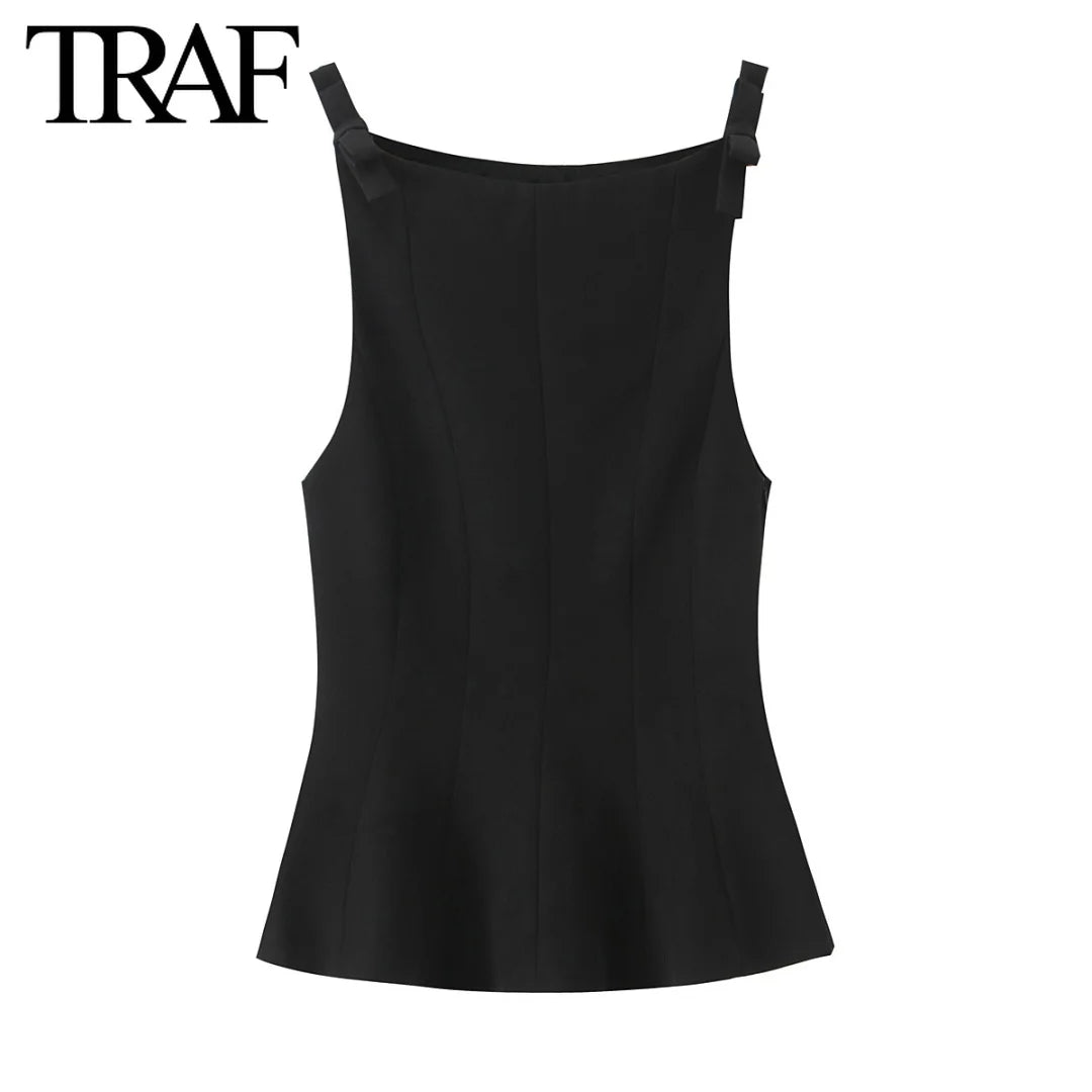TRAF Top for Women Fashion Summer Short Skirt Hem Bow Sleeveless O-neck Blouse Street Clothing Vest Tank Chic Ladies Tops Mujer