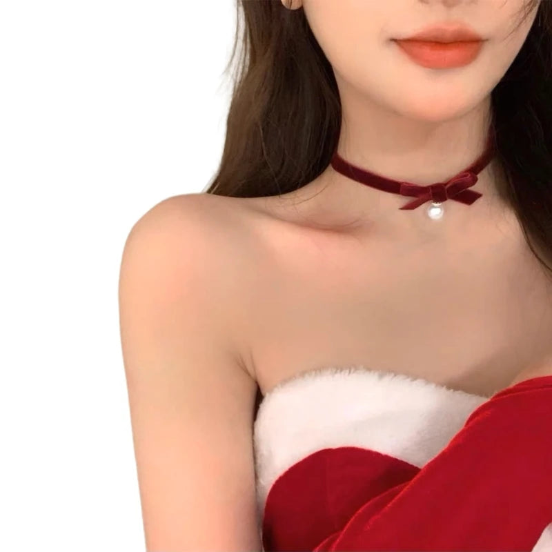 Elegant Bowknot Necklace Pearls Beads Pendant Clavicle Chain Velvets Bows Collarbone Chain Ornament for Women Girls