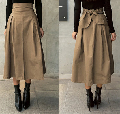 Skirts Womens Korean Fashion Solid Color Big Swing Ladies Skirt Long Skirt 2025 Autumn Wild High Waist Bow Slim Skirts