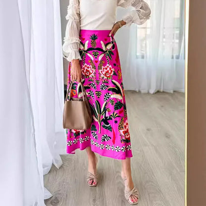 Women Skirts 2024 Spring Summer Vintage Streetwear Ladies Casual Floral Printed Long Skirts Elastic Waist Female Midi Skirts