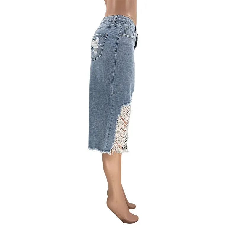 Hole Denim Midi Skirt Women 2024 Spring Summer High Waist Streetwear Sexy Buttocks One Step Skirts Bodycon Vintage Jean Skirts