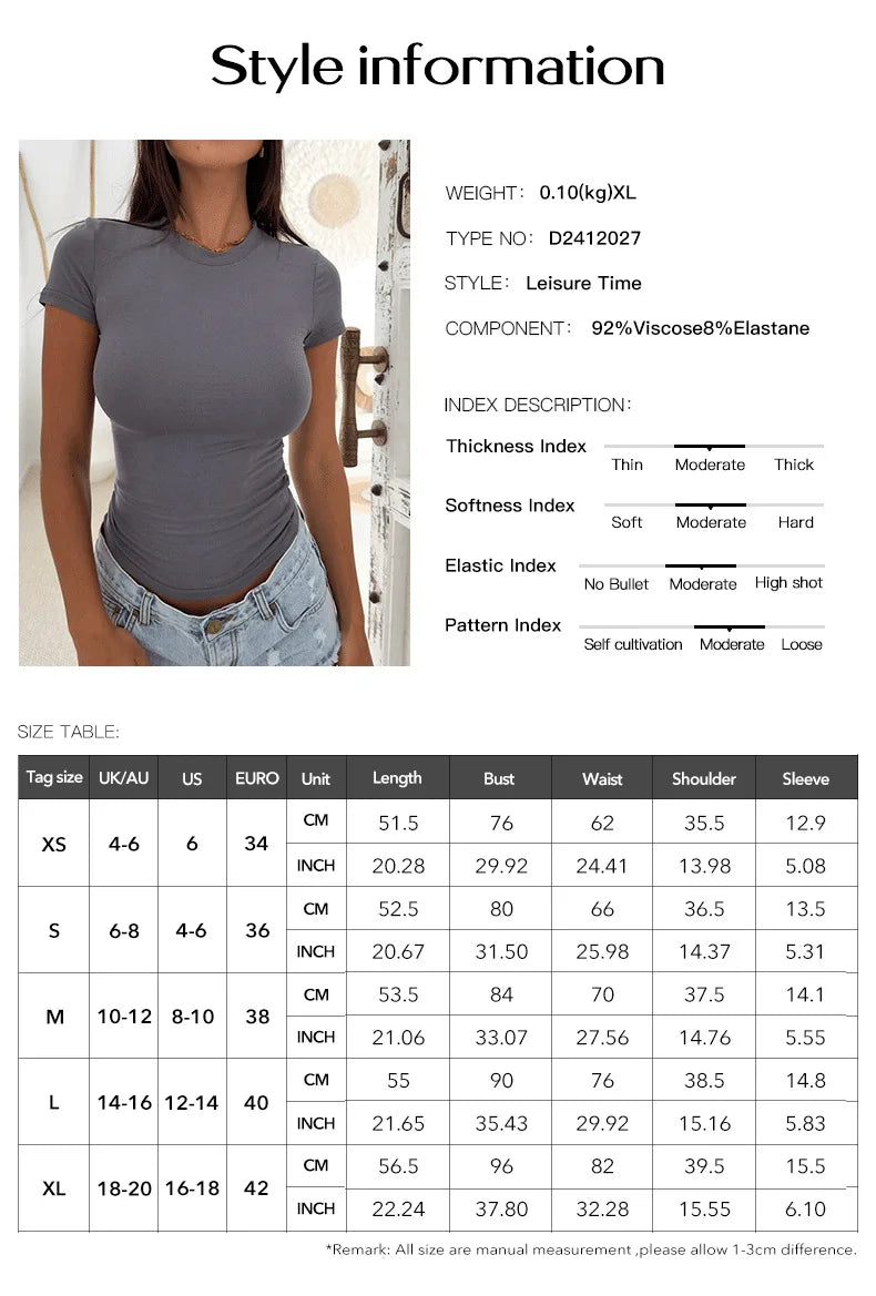 Tops for Women 2025 Spring and Summer Y2K Style Solid Color Slim Fit Short-sleeved T-shirt for Women