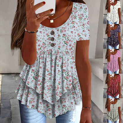 Women Summer Tops Tees Sexy Vintage Blouse Cotton Ruffles Short Sleeve Shirt Ruffles T Shirts Loose Casual Tees