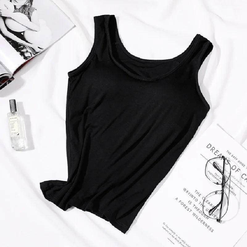 Women's Vest Tops With Built In Bra Neck Vest Padded Slim Fit Tank Tops Sexy Shirts Feminino Casual Underlay shirt slimming