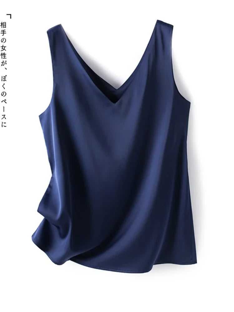 Woman T-shirts Elegant SILK Satin Blouse Sleeveless Female Summer 2023 Casual Loose Tanks and Camis Solid Green Tops for Women