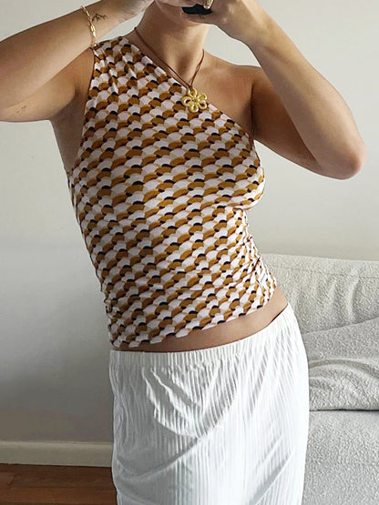 Women's Fashion One Shoulder Tops Slim Flower Print Slash Neck Backless Sleeveless Crop Shirt for Summer