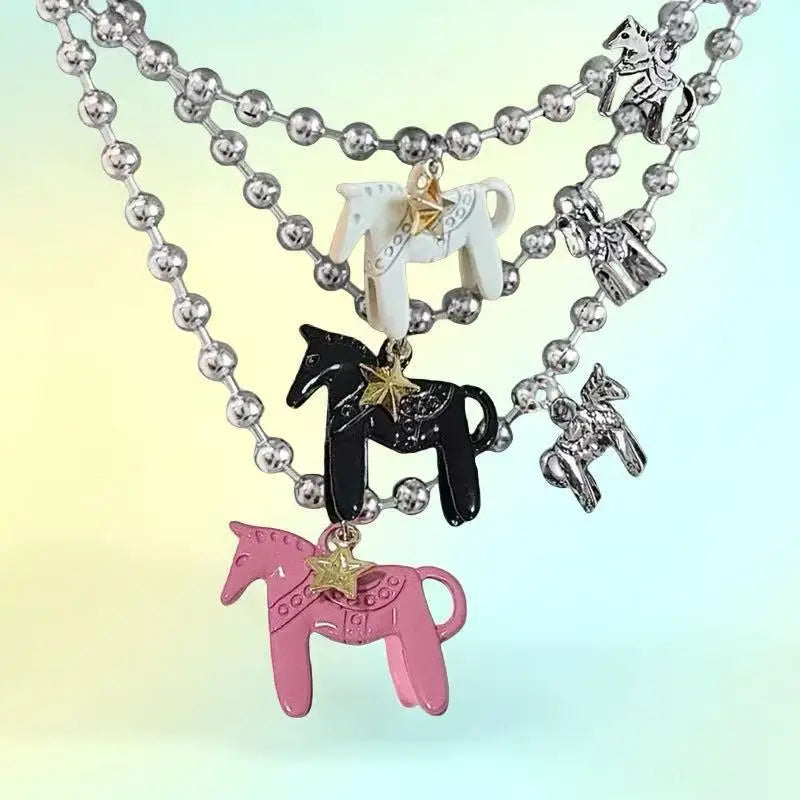 LATS White Black Green Blue Pink Color Enamel Colt Horse Pendant Necklaces for Women Silver Plated Alloy Beads Chain Chokers