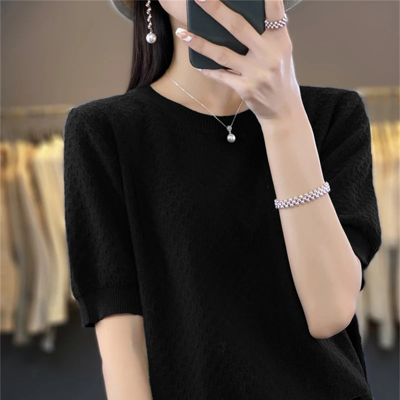 Women's T-shirt Summer 100% Cotton Sweater Short Sleeve Solid Color Round Neck Ladies Tops Loose Blouse Basic Pullover Tees