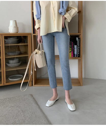 Light Blue Jeans Women Straight Leg Elastic Chic Boyfriend Pants Denim Streetwear Women Ladies Cargo Pants New Fashion 2023