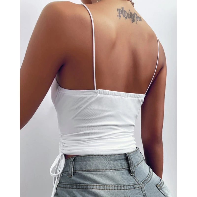 Women Tank Top V Neck Camisole Cami Drawstring Spaghetti Strap Top Loose Sleeveless Blouses Tank Shirt Summer Crop Top