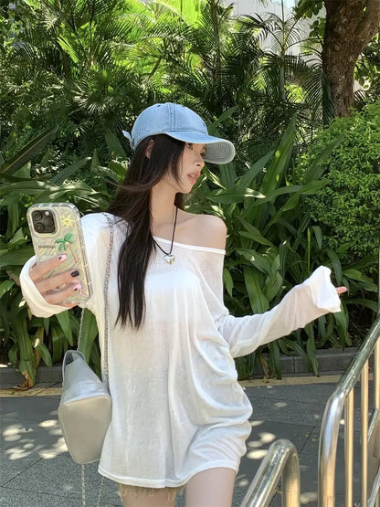 Women T-Shirts Casual Loose New Slightly Transparent O Neck Female Top Thin Sun Protection Tees Spring Summer 2025