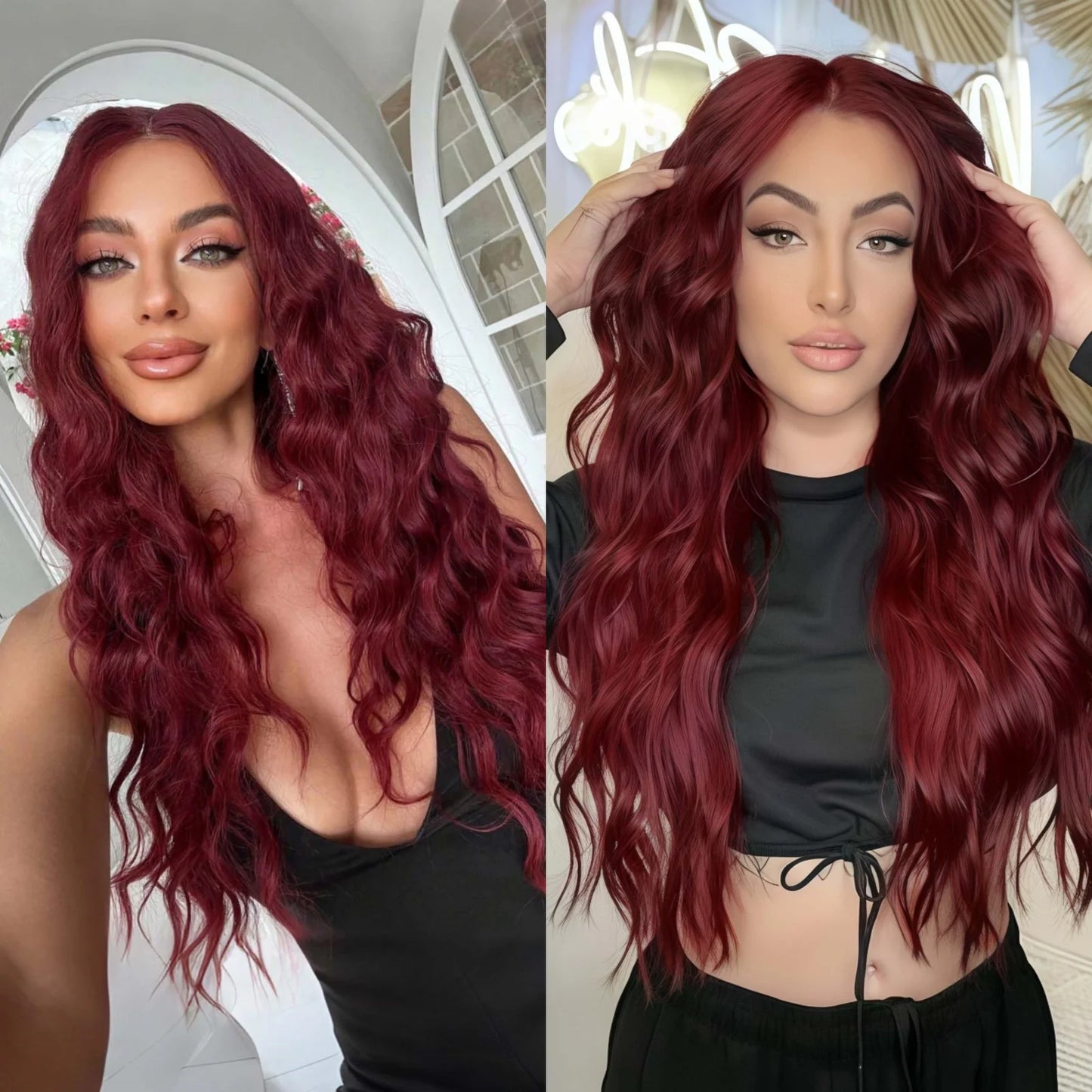 Burgundy Long Curly Wavy Red Wig Synthetic Middle Part Loose Deep Natural Wave 13X4 Wine Red Wigs for Women Daily Party Cosplay