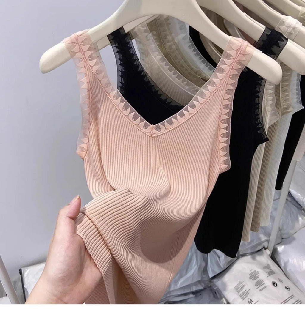 Women Summer Fashion Thin Knitted Undershirt Sleeveless Corset Top Half High Neck Comfortable Breathable Lace Tank Top 2025