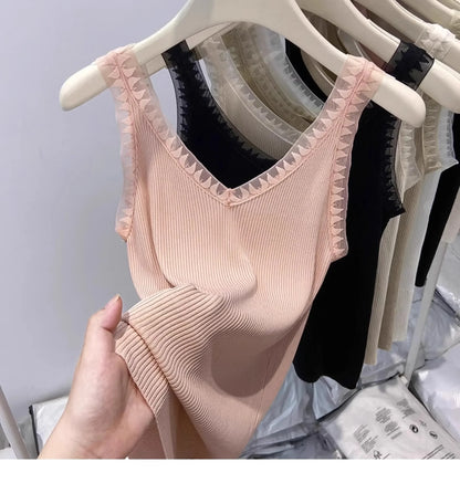 Women Summer Fashion Thin Knitted Undershirt Sleeveless Corset Top Half High Neck Comfortable Breathable Lace Tank Top 2025