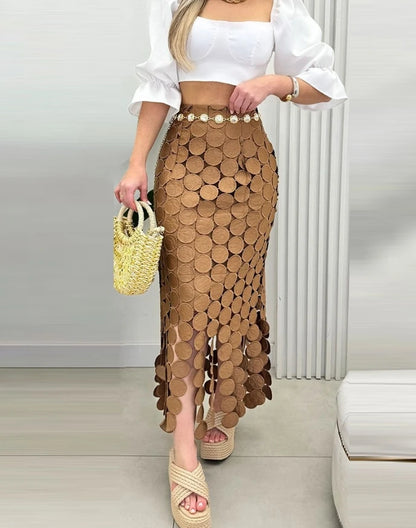 Skirts for Women 2025 Spring New Solid Color Hollow-Out Boho Tassel Slim Fit Bodycon High Waist Casual Daily Long Skirt