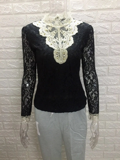 Women T Shirts Vintage Spring Winter Tees Autumn Lace Beads Hole Sexy Tops Warm Blouse Top Casual Full Long Sleeve Shirt