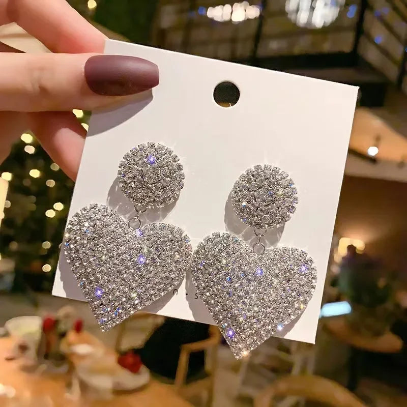 Heart Earrings  Women's Luxurious Geometric Full Rhinestone Earrings Korean Gold Color Love 2023 Fashion Jewelry Accessories