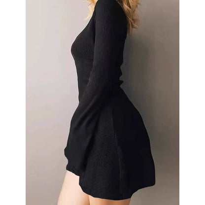 Elegant And Pretty Women Dresses Autumn Winter New Black Sexy Short Dress Female V Neck Long Sleeve Slim Solid Color Mini Dress