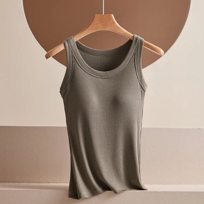 Women's Vest Tops With Built In Bra Neck Vest Padded Slim Fit Tank Tops Sexy Shirts Feminino Casual Underlay Shirt Slimming