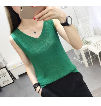 Top women Summer V Neck Hollow Knitted Vest Sleeveless Casual Tank Blusas Tops Sheer Mesh Patchwork T Shirt Bottom Camisole 2019