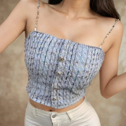 Women Summer Tweed Chain Chic Tank Tops Buttons Off Shoulder with Bra Pad Crop Tops Pleated Sexy Backless Sleeveless Sweet Camis