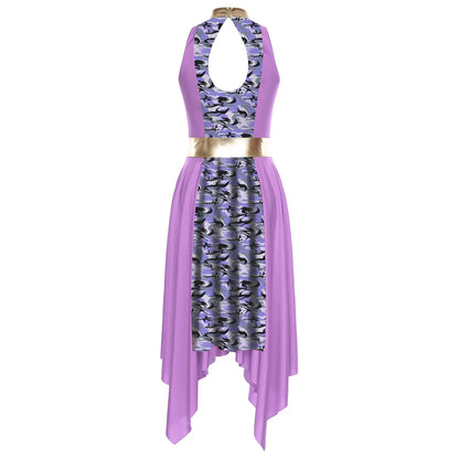 Women Modern Lyrical Dance Dress Church Choir Worship Praise Liturgical Costume Sleeveless Print Irregular Hem Gown Dancewear