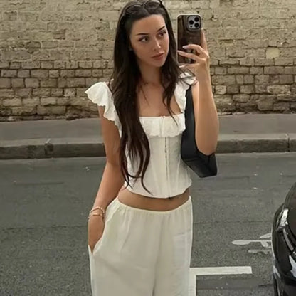 Solid Lace Women Fashion Tops Square Neck Sleeveless Flounce Edges Bodycon Single Breasted Vestidos 2025 Summer Lady Y2k Wear