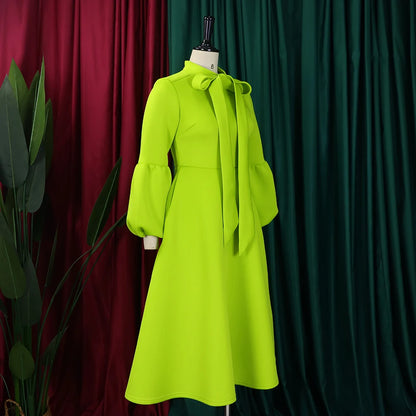 Elegant Dresses for Women Bow Collar Full Sleeve High Waisted A Line Mid Calf Luxury Female Birthday Party Dinner Vestidos Mujer