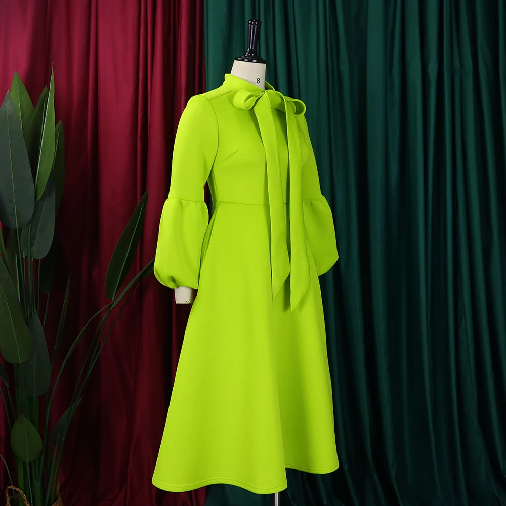 Elegant Dresses for Women Bow Collar Full Sleeve High Waisted A Line Mid Calf Luxury Female Birthday Party Dinner Vestidos Mujer