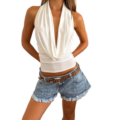 Women Cowl Neck Halter Tops Sexy Draped Front Low Cut Backless Tank Top Ruched Open Back Y2k Coquette Party Club Crop Tops