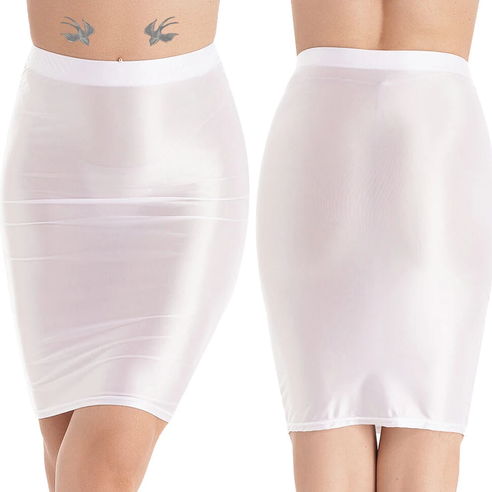 Mini Skirts Skirt For Women Autumn Bodycon Clubwear Glossy Shiny Stretchy Summer Tight Fitting High Waist Knee-length