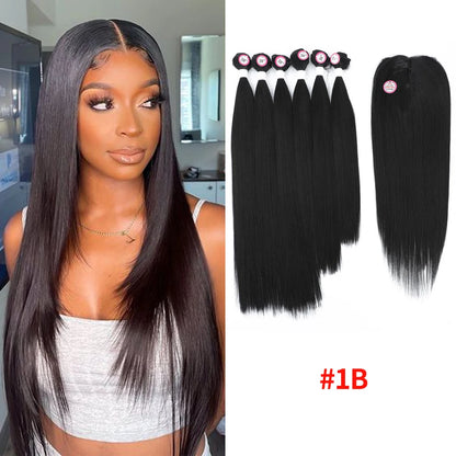 Synthetic Hair Weaving Bundles with 4*4 Clousure Lace Frontal Ombre Wig Natural Wave Straight Hair Extensions Soku Hair Weave