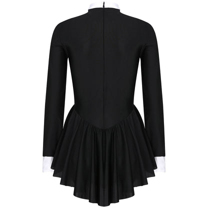 Women Waitress Cosplay Costume Dancewear Long Sleeve Ballroom Latin Dance Dress Bowknot Ruffle Tuxedo Leotard Dresses Clubwear