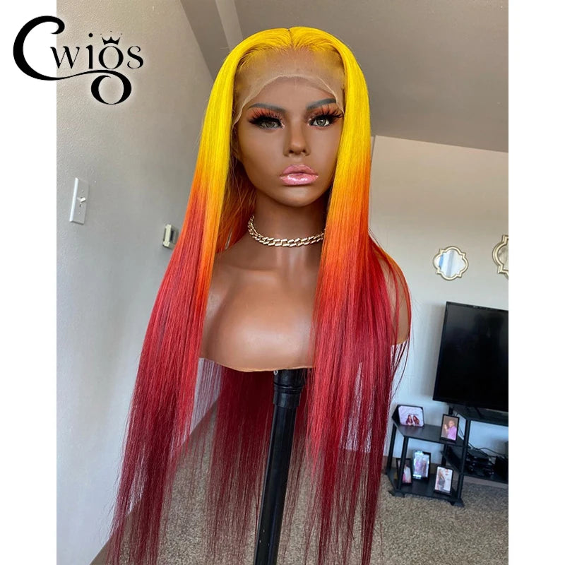 Body Wave Ombre Yellow Red Colored Glueless Transparent Synthetic 13X4 Lace Front Wigs For Women Preplucked Drag Queen Cosplay